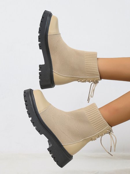 Simple Lace Stitching Ankle Boots, Khaki, Boots