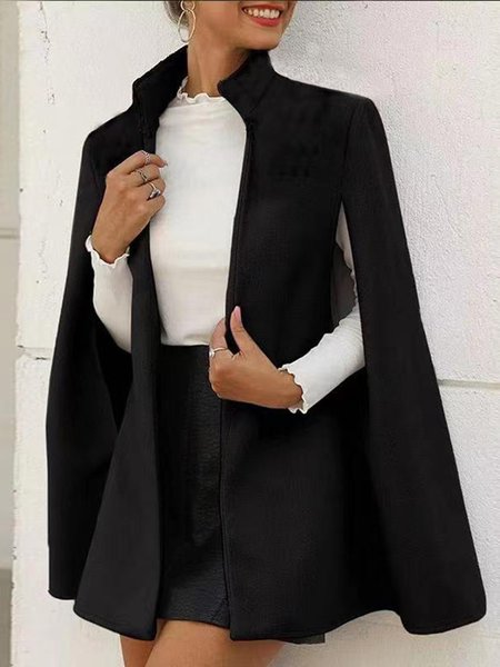 Stand Collar Elegant Work Outerwear, Black, Coats