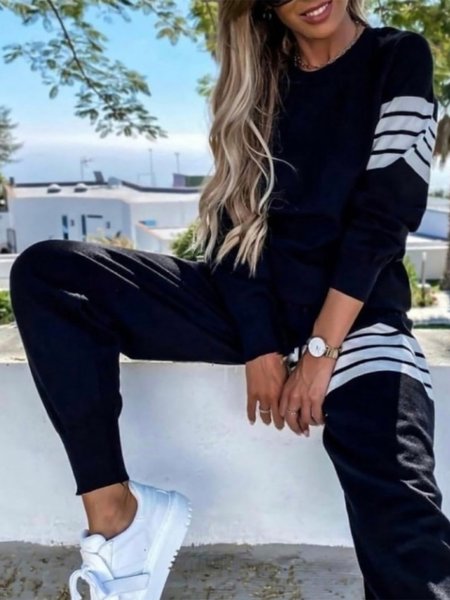 Striped Solid Sporty Long Sleevs Tops With Pants Casual Suits, Black, Two-piece Outfits
Striped Solid Sporty Long Sleevs Tops With Pants Casual Suits, Black, Two-piece Outfits
