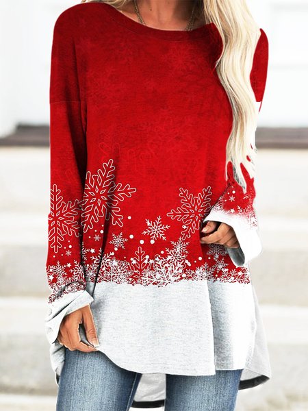 Christmas Fun Print Crew Neck Dresses, Red, Dresses