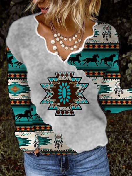 V Neck Loosen Boho Shirts & Tops, Blue, Tops