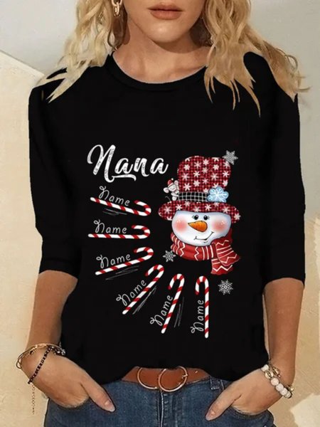 Christmas Xmas Snowman Long Sleeve Round Neck Plus Size Printed Tops T-shirts, Black, T-Shirts