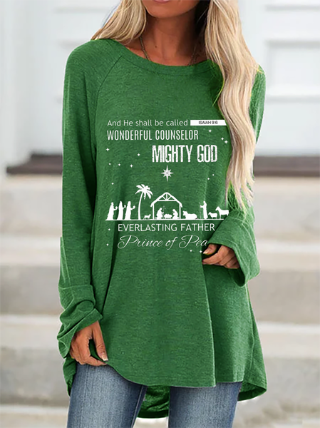 Christmas Letter Cotton Blends Shirts & Tops, Green, T-Shirts