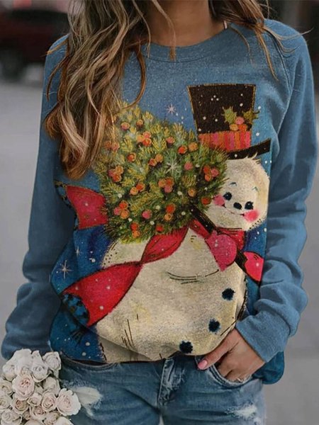 Casual Regular Fit Christmas Snowman Sweatshirt, Blue, Hoodies & Sweatshirts