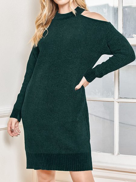 Elegant Solid Regular Fit Long sleeve Dress, Green, Mini Dresses