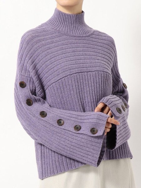 Off Shoulder High Neck Solid Sweater, Purple, Pullovers