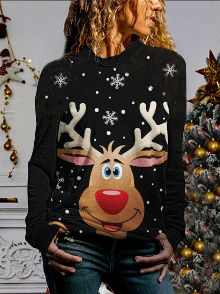 Christmas Elk Pattern Long Sleeve Top, Multicolor, Long sleeve tops