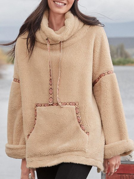Casual Geometric Long Sleeve Cowl Neck Sweatshirt, Khaki, Hoodies & Sweatshirts