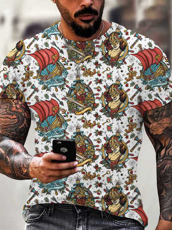 Crew Neck Cotton Blends Casual T-shirt, Color3, Men's t-shirts