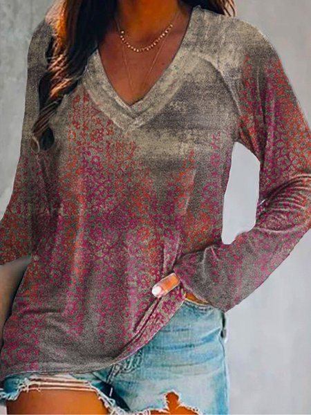 Casual V Neck Tribal Shirts & Tops, Multicolor, T-Shirts