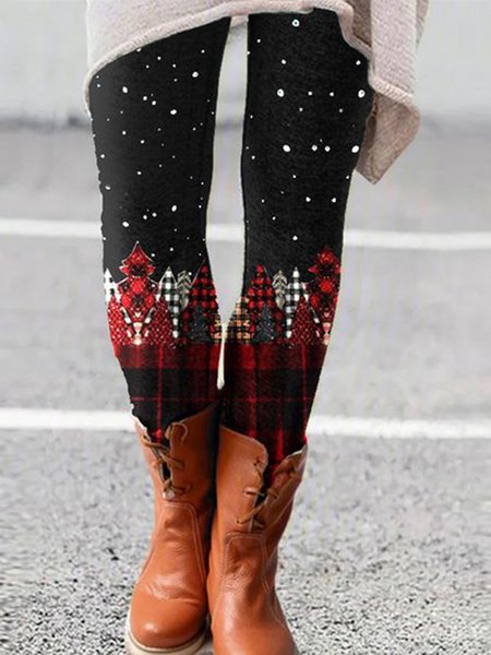 Christmas Printed Casual Pants, Black, Leggings