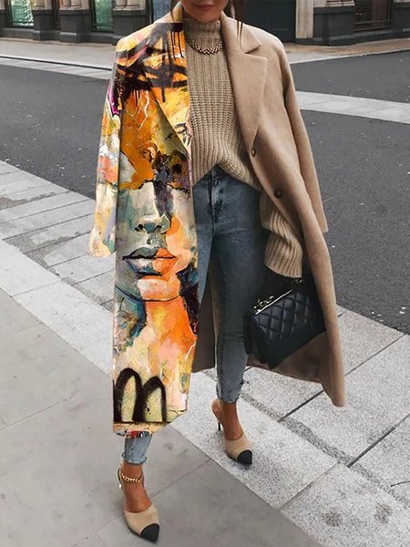 Casual Cloth Blended Geometric Printed Long Sleeves Outerwear, As picture, Coats & Jackets