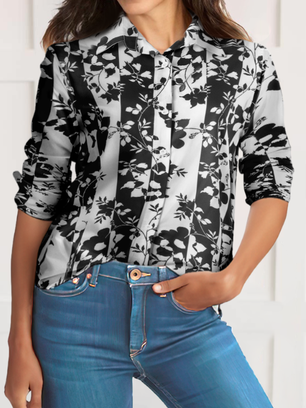 Tribale Maniche Lunghe Stampato Top, Nero-bianco, Blouses & Shirts