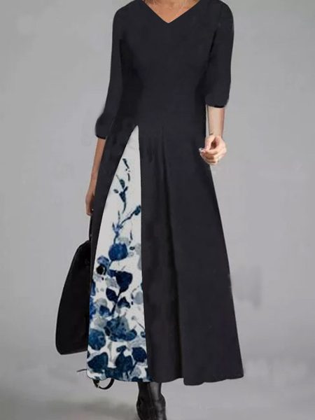 Floral Casual Regular Fit Cotton Blends Dresses, Black, Maxi Dresses