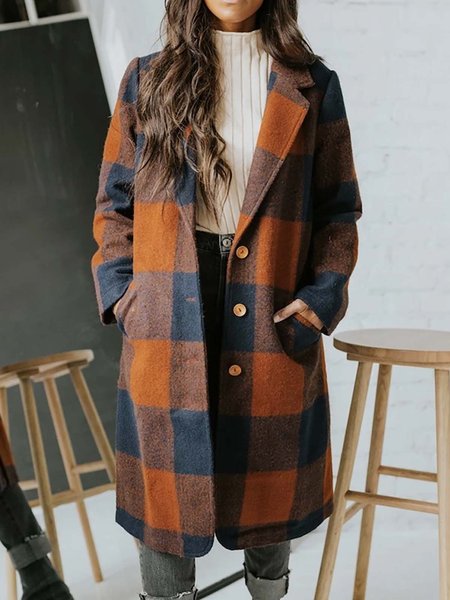 Casual Royal Buffalo Plaid Long Sleeve Pocket Coats, Brown, Coats