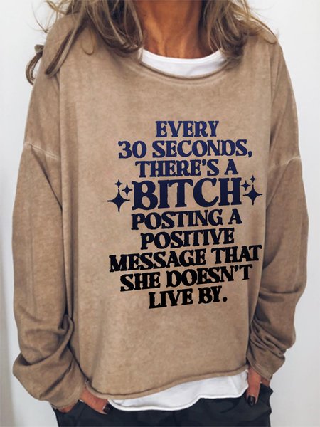Funny text print round neck long-sleeved sweatshirt, Light brown, Hoodies&Sweatshirts