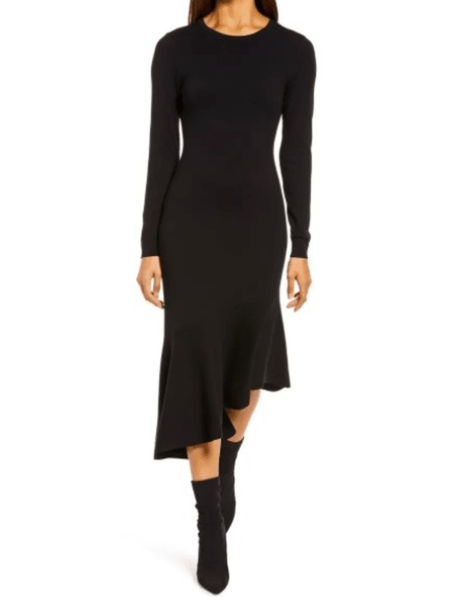 Winter Plain Crew Neck Mid-weight Work Formal Date Dresses, Black, Midi Dresses
