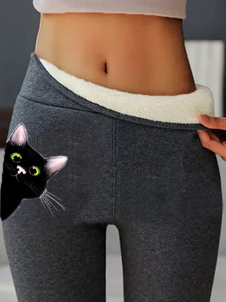Cat Animal Print Fluff/Granular Fleece Fabric Skinny Simple Pants, Gray, Pants