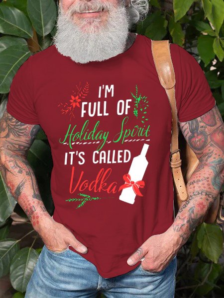 Christmas funny text print round neck short-sleeved cotton T-shirt, Red, T-shirts