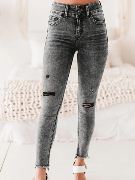 Medium waist high elastic black gray washed hole basic denim 9-point tights, Pants