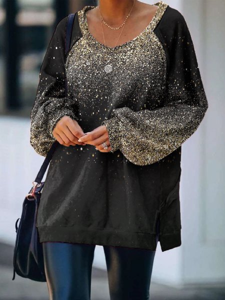 Fall Gold leaf Cotton Blends Elegant Sweatshirt, Black, Hoodies & Sweatshirts