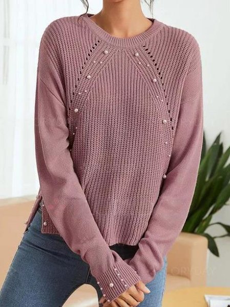 Pearl Elegant Crew Neck Long Sleeve Off Shoulder Sweater, Pink, Sweaters