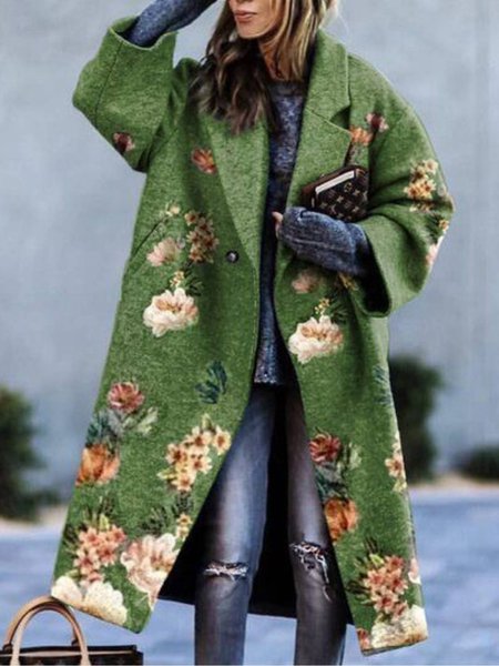 Floral Casual Flat Collar Outerwear, Green, Coats & Jackets