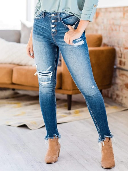Buttoned Plain Ripped Casual Pants, Blue, Pants