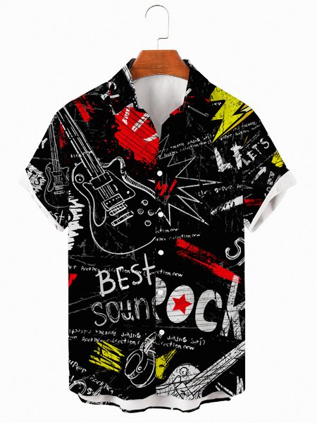 Music Casual Short Sleeve Shirts & Tops, Black, Men's Floral shirt
