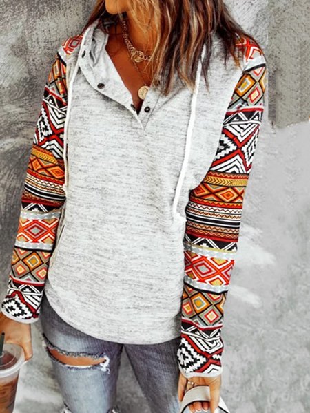 Loosen Hooded Buttoned Sweatshirt, Gray, Hoodies & Sweatshirts