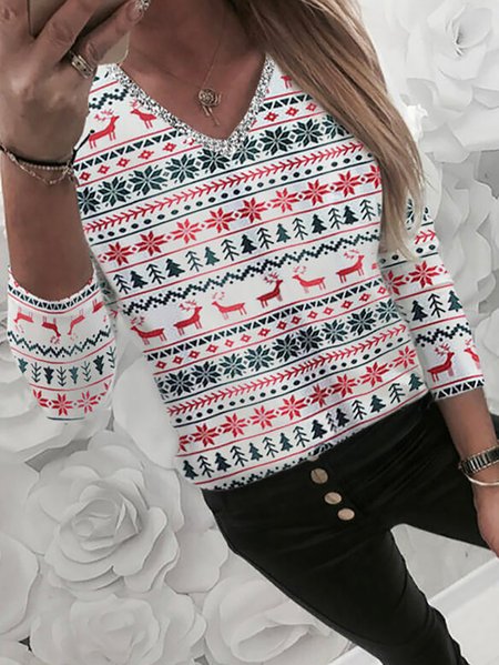 Christmas Print Reindeer V-Neck Long Sleeve Casual T-Shirts, White, Long sleeve tops