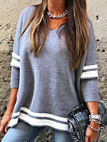 Casual V neck Solid Long Sleeve Sweater, As picture, Knitwear & Sweaters