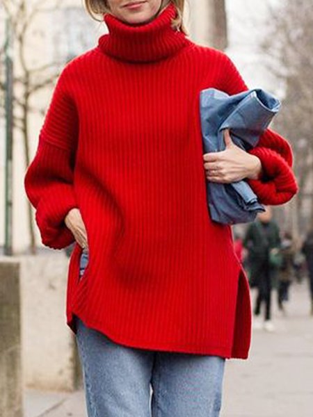 Loosen Vacation Long Sleeve High Neck Sweater, Red, Pullovers