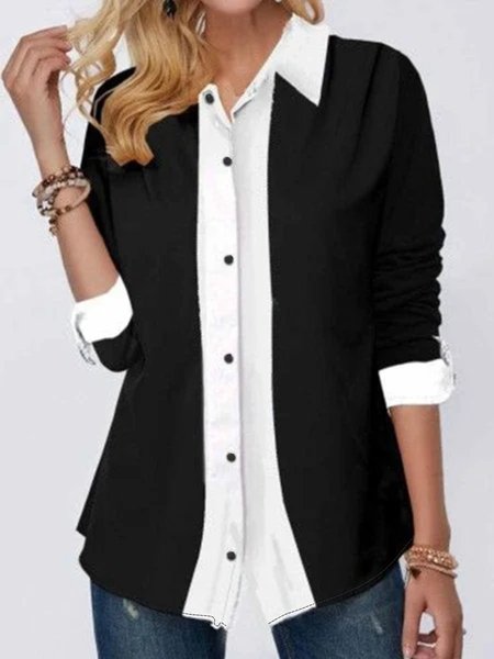 Loosen Casual Shirt Collar Blouse, Black, Shirts & Blouses