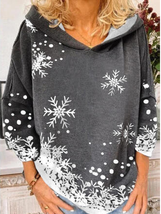 Christmas Cotton Blends Hooded Floral Shirts & Tops, Deep gray, Long sleeve tops