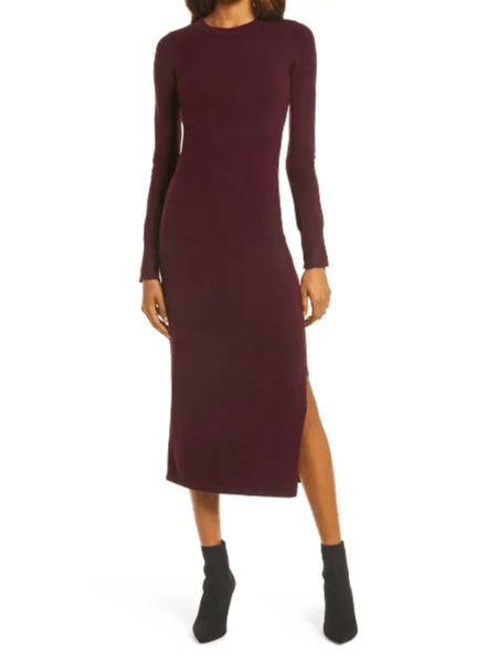 Winter High Stretch Slim Fit Elegant Date Daily Dresses, Crimson, Midi Dresses