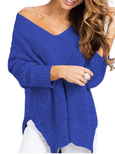 Long sleeve V neck Solid Casual Sweater, Royal blue, Pullovers