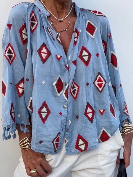 Boho Geometric Tassel 3/4 Sleeves Stand Collar Plus Size Casual Shirt Tops, Blue, Blouses & Shirts
Boho Geometric Tassel 3/4 Sleeves Stand Collar Plus Size Casual Shirt Tops, Blue, Blouses & Shirts