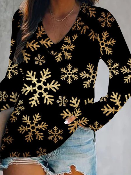 Christmas Xmas Long Sleeve V Neck Plus Size Printed Tops T-shirts, As picture, T-Shirts