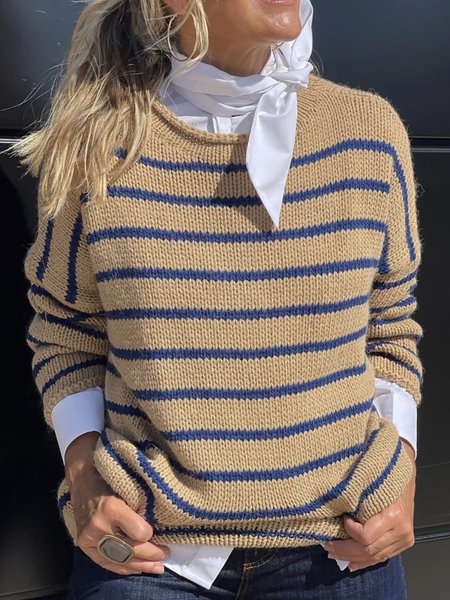 Stripe Print Color Block Round Neck Sweaters, Yellow, Sweaters