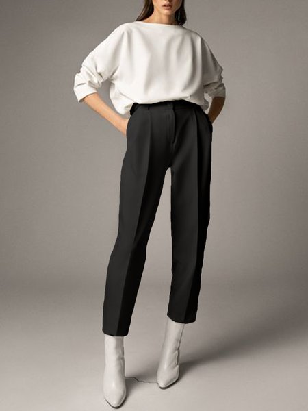 Work Loosen Long Sleeve Solid Suit, Black-white, Two-piece Set