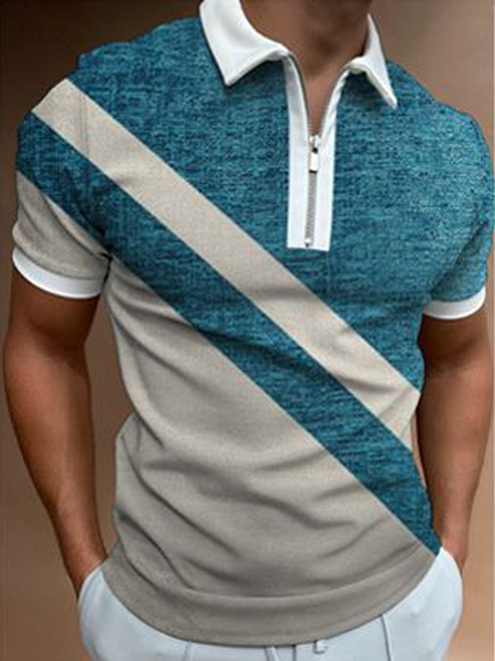 Lapel Casual Short Sleeve Shirts & Tops, Blue, Polos