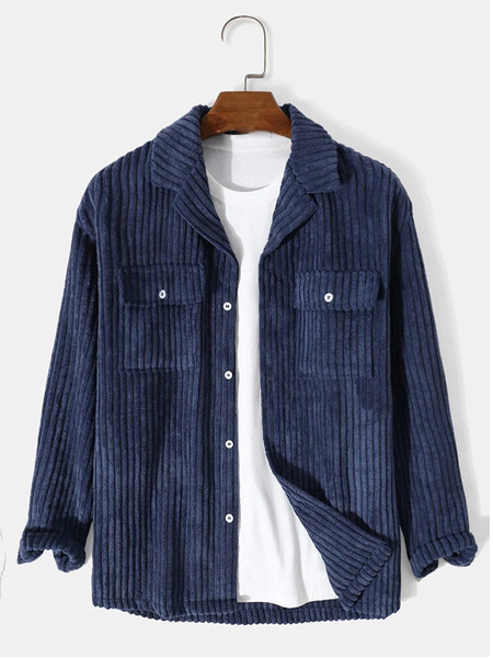 Men's Plain Casual Corduroy Long Sleeve Shirt Jacket, Deep blue, Jacket