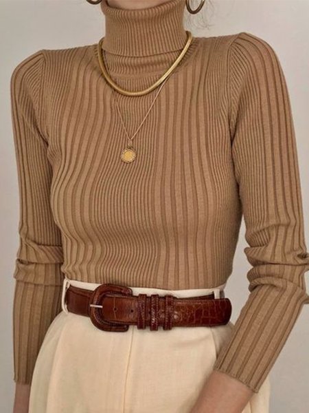Skinny Long Sleeve Lady High Neck Solid Sweater, Khaki, Pullovers