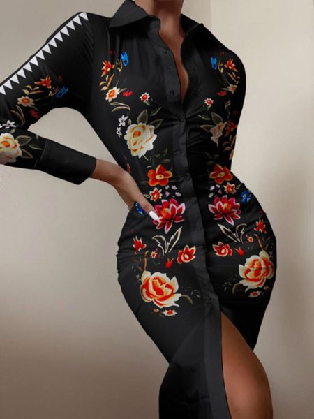 Shirt Collar Elegant Mini Dress, Black-1, Midi Dresses