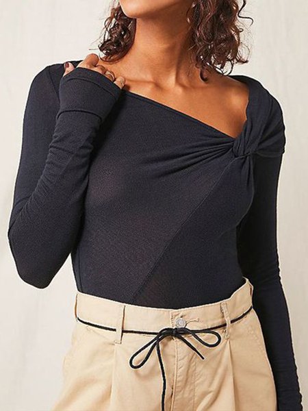 Daily Household Casual Simple Slim Fit Casual Top, Black, Tops