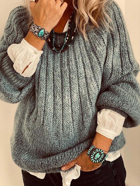 Loosen Casual Crew Neck Sweater, Gray, Sweaters