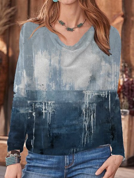 Casual Cowl Neck Abstract Shirts & Tops, Blue, Tops