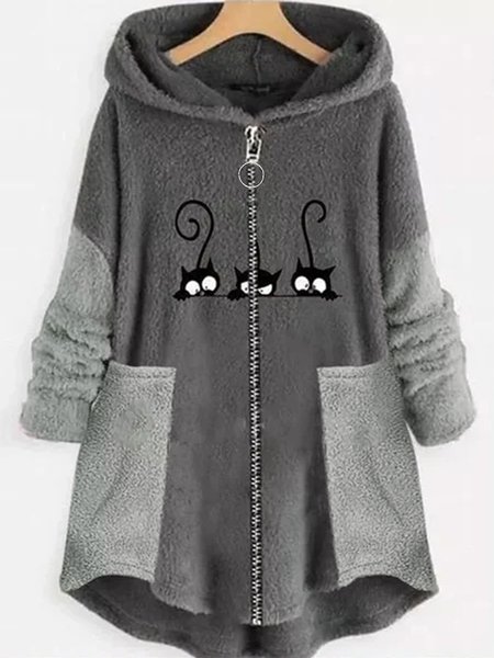 Women Round Neckline Cat Print Hooded Zipper Fur Coat, Gray, Hoodies & Sweatshirts
Women Round Neckline Cat Print Hooded Zipper Fur Coat, Gray, Hoodies & Sweatshirts