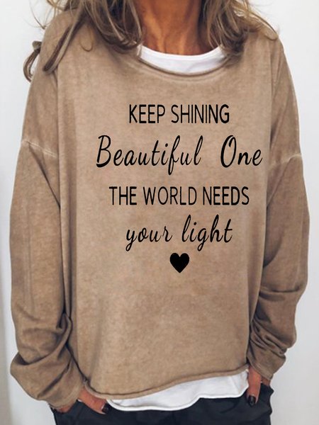Keep Shining Casual Letter Sweatshirt, Light brown, Hoodies&Sweatshirts
